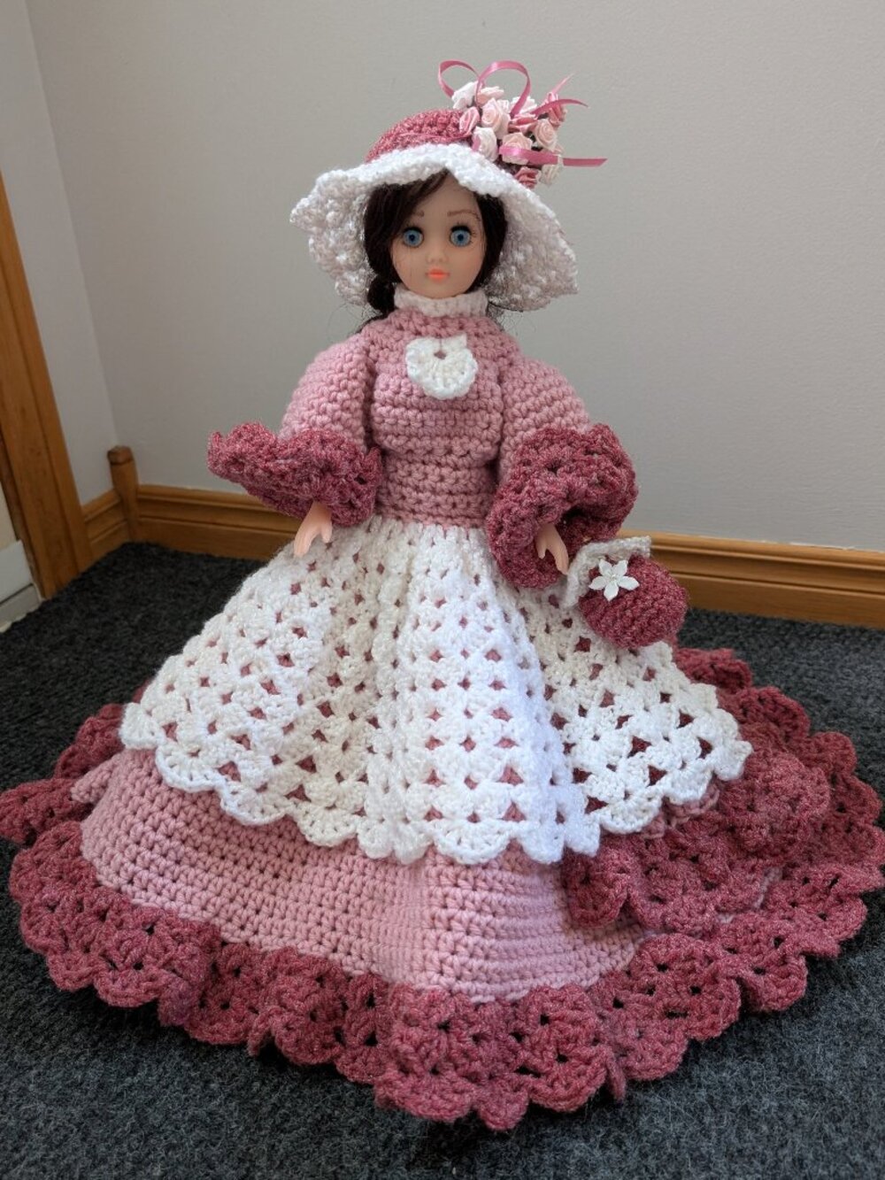 Retro Doll with Crochet Dress, Hat and Handbag